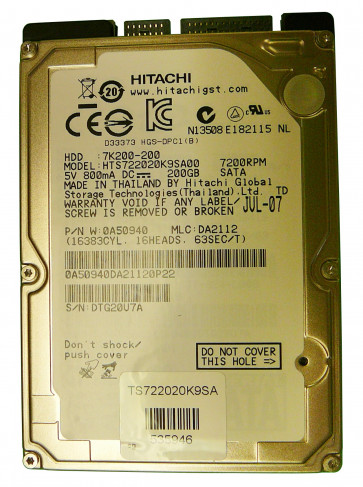0A50940 - Hitachi Travelstar 7K200 200GB 7200RPM SATA 1.5Gbps 16MB Cache 2.5-inch Internal Hard Drive