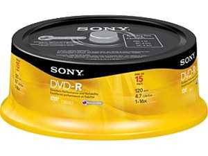 15DMR47RS4 - Sony 16x dvd-R Media - 4.7GB - 120mm Standard - 15 Pack Spindle