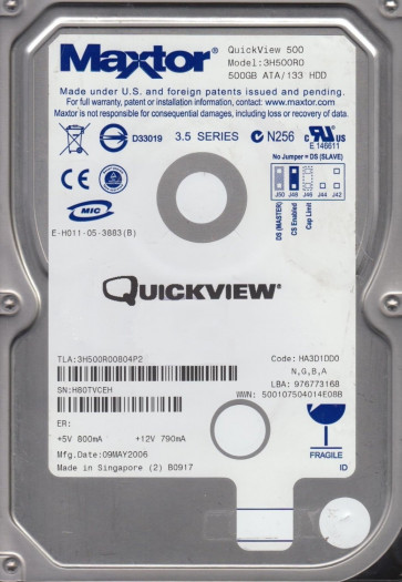 3H500R0 - Maxtor QuickView 500 500 GB 3.5 Internal Hard Drive - IDE Ultra ATA/133 (ATA-7) - 7200 rpm - 16 MB Buffer