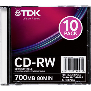 48013 - TDK 4x CD-RW Media - 700MB - 120mm Standard - 10 Pack Slim Jewel Case