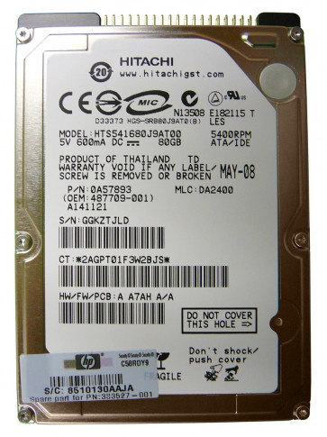 HTS541680J9AT00 - Hitachi TravelStar 5K160 80GB 5400RPM ATA-7 8MB Cache 2.5-inch Laptop Hard Drive
