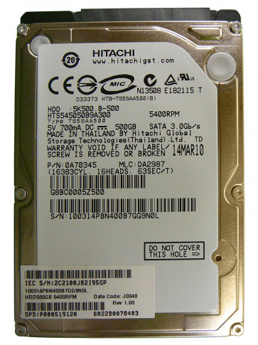HTS545050B9A300 - Hitachi TravelStar 5K500.B 500GB 5400RPM 8MB Cache SATA 3GB/s 7-Pin 2.5-inch Laptop Hard Drive