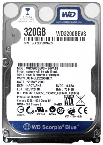 WD3200BEVS-26VAT0 - Western Digital Scorpio Blue 320GB 5400RPM SATA 3Gbps 8MB Cache 2.5-inch Internal Hard Drive (Refurbished)