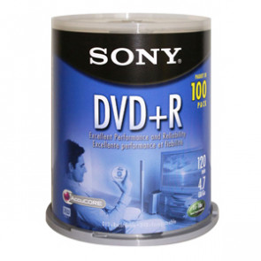100DPR47RS4 - Sony 16x dvd+R Media - 4.7GB - 120mm Standard - 100 Pack Spindle
