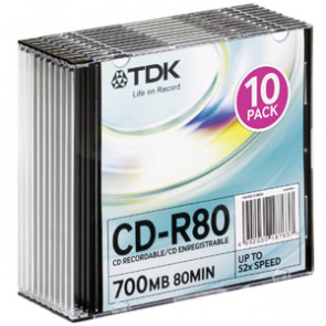 47801 - TDK CD-R Media - 700MB - 120mm Standard - 10 Pack Slim Jewel Case