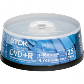 48508 - TDK 16x dvd+R Media - 4.7GB - 120mm Standard - 25 Pack Spindle