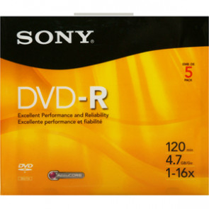 5DMR47R4H - Sony 5DMR47R4H dvd Recordable Media - dvd-R - 16x - 4.70 GB - 5 Pack Slim Jewel Case - 120mm2 Hour Maximum Recording Time
