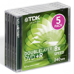 DVD+R85AS5 - TDK 2.4x dvd+R Double Layer Media - 8.5GB - 120mm Standard - 5 Pack Jewel Case